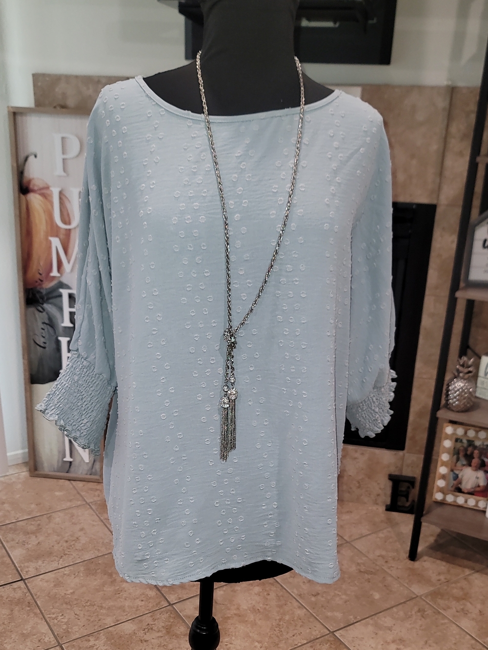 Light Blue Work Blouse Qurt Sleeve